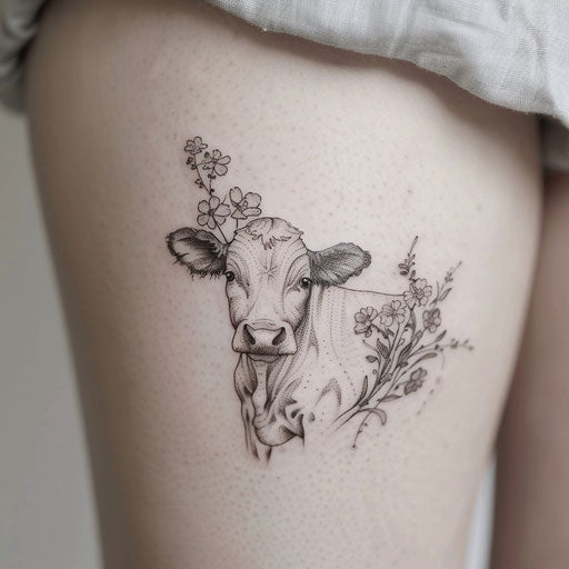 Delicate cow tattoo in fine line style