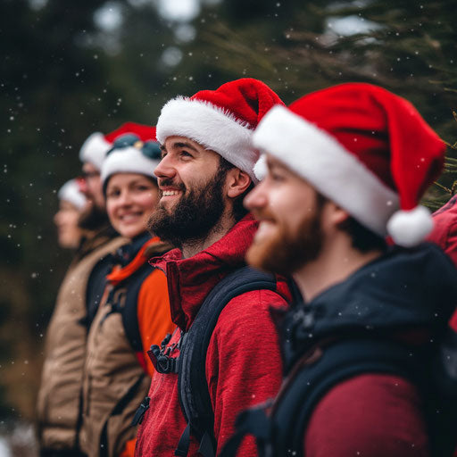 Winter hike with friends wearing Santa hats