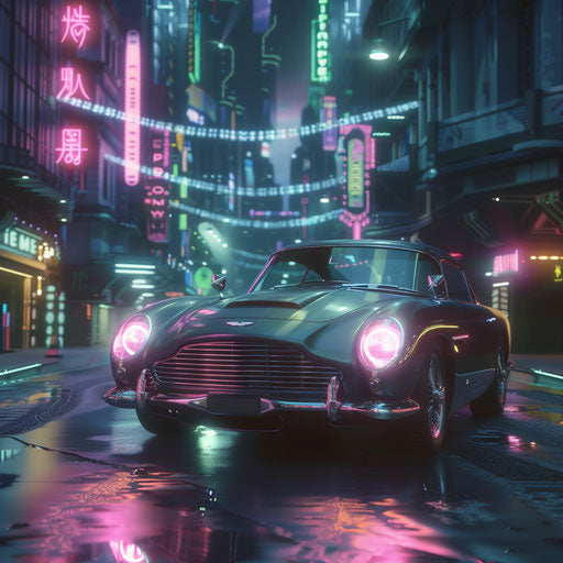 Cyberpunk Aston Martin DB6 with augmented reality windshield and neon accents, navigating through a dystopian cityscape.