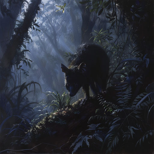 The Tasmanian devil emerges from the shadows of a dense, ancient forest at dusk.