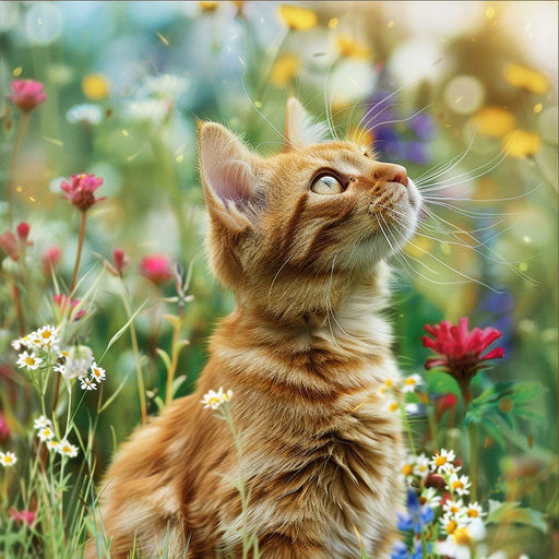 Brown cat in a field of flowers