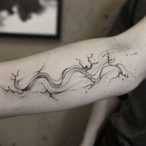 Dynamic flat tattoo sketch of a single line morphing into an abstract wave