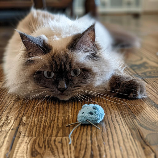 Himalayan cat playing with a wooden mouse