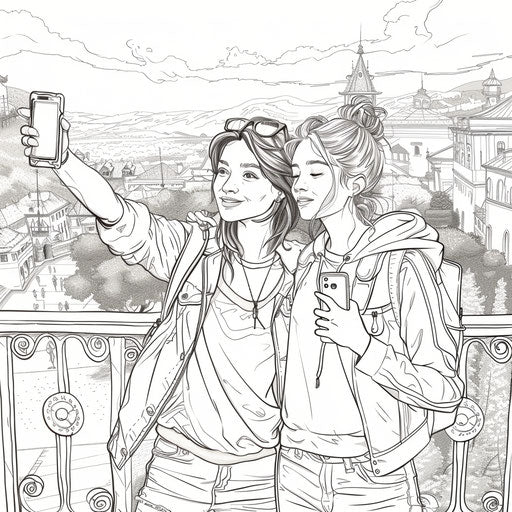 Two friends taking a selfie with a scenic background. Coloring book page