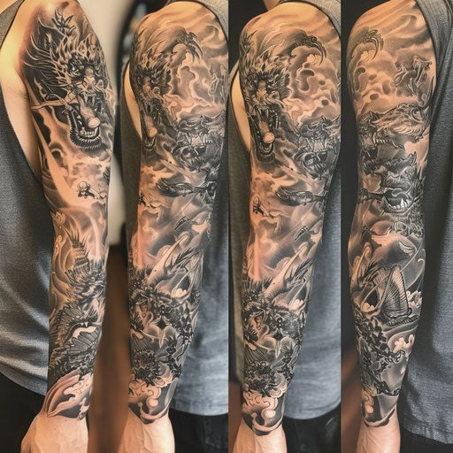 Sleeve tattoo depicting fierce animals and warriors, in the style of Ami James