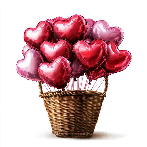 Basket of heart-shaped balloons in red and pink colors