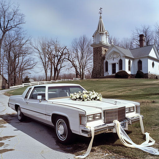Sophisticated wedding car in front of a picturesque chapel