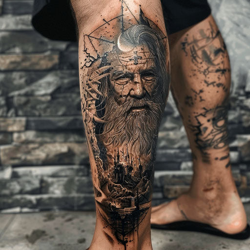 Dark and detailed leg tattoo inspired by fantasy themes