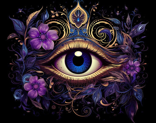 Blue and purple eye, symbol with floral swirl, abstract flower pattern