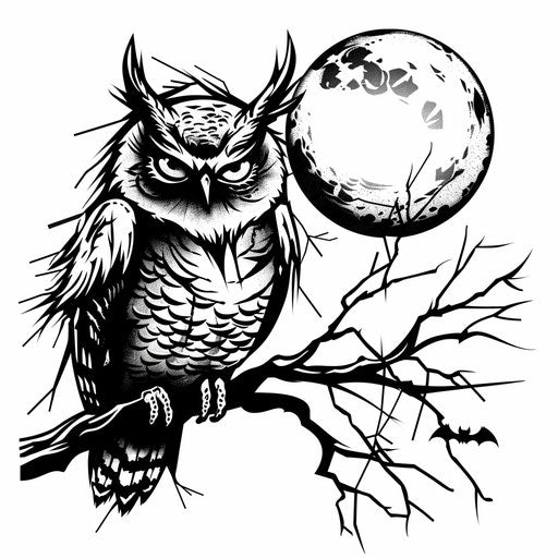 Spooky owl on branch with full moon Halloween tattoo