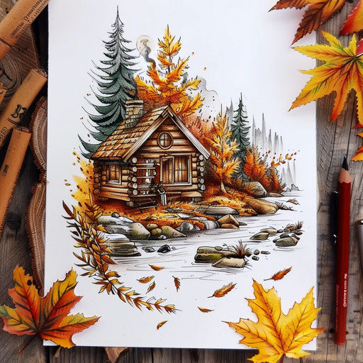 Rustic cabin by the riverside in autumn leaves