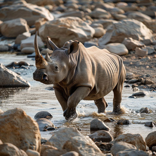 West African black rhinoceros crossing a shallow stream with sparkling water, surrounded by rocks
