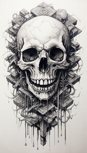 Square skull, columns and totems style, occultist draftsman