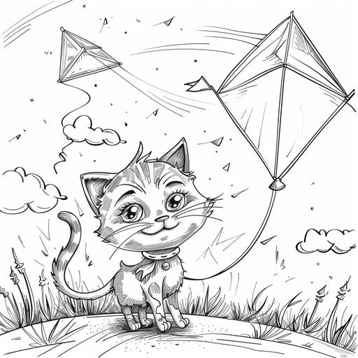 A whimsical cartoon cat flying a kite on a windy day