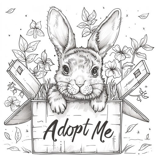 Bunny in box with 'Adopt Me' inscription