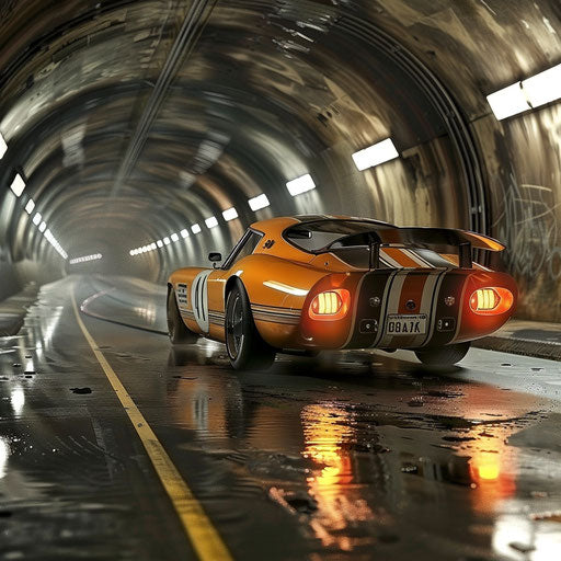 Underground Shelby Daytona racing with illegal mods and nitrous boost, racing through an urban tunnel