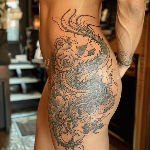 Hip tattoo of a dragon, in the style of Ami James