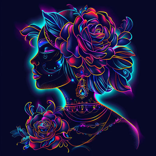 Modern flat tattoo sketch of a gypsy rose with digital and neon effects