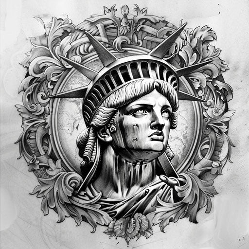 Baroque-inspired tattoo sketch of the Statue of Liberty