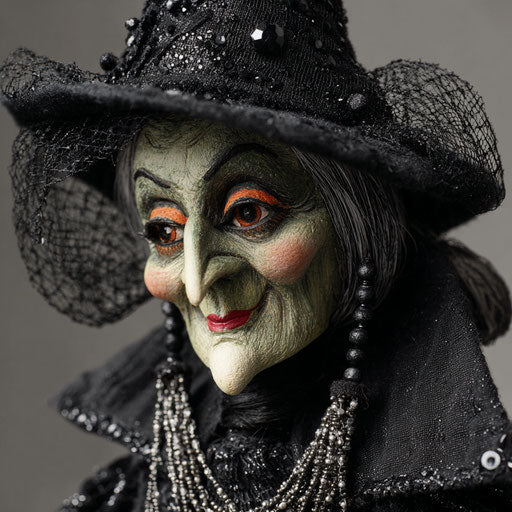 Witch doll with unsettling smile and intricate details