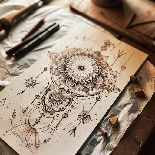 Bohemian flat tattoo sketch with chaotic mandala patterns in earthy tones