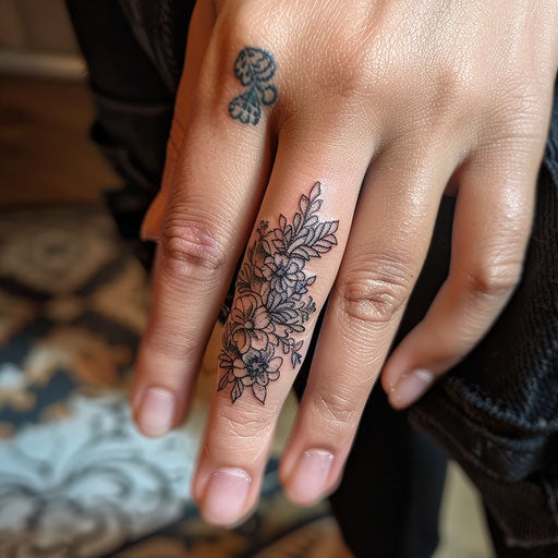 Finger floral tattoo, Maria Sibylla Merian style