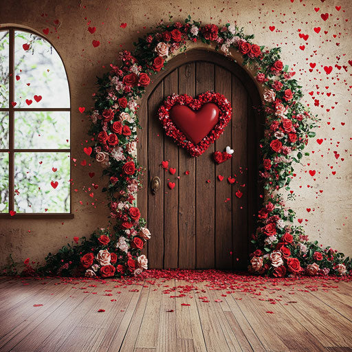 Red heart surrounded by flowers and wooden doors for Valentine's Day