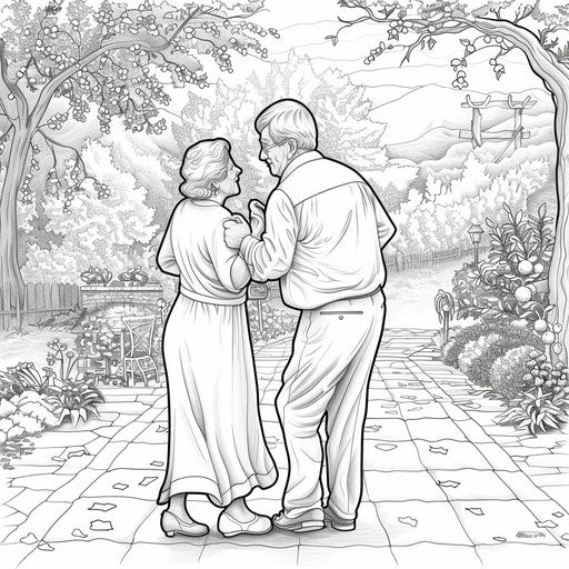 Elderly couple dancing in a garden