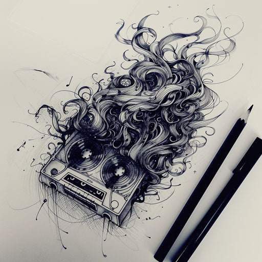 Surreal sketch of a cassette unraveling into musical staff