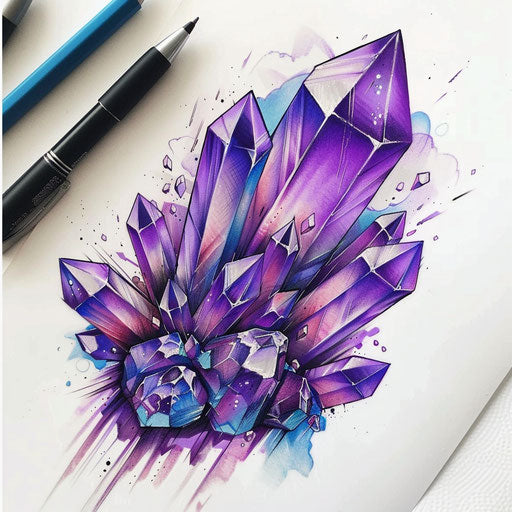 Bold flat tattoo sketch of an amethyst cluster