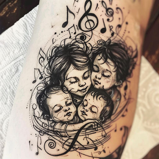 Flat tattoo sketch of three children with musical notes
