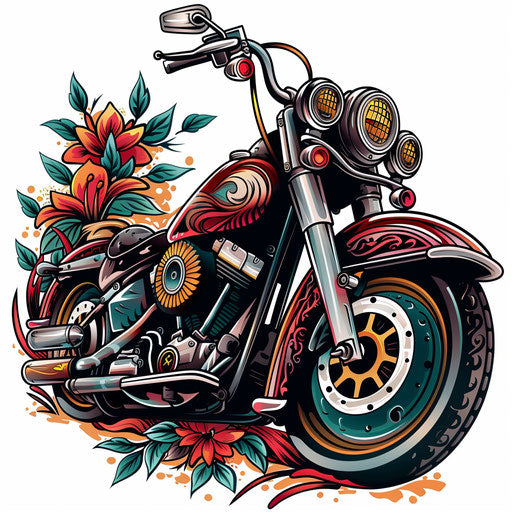 Neo-traditional tattoo design featuring motorcycle and colors