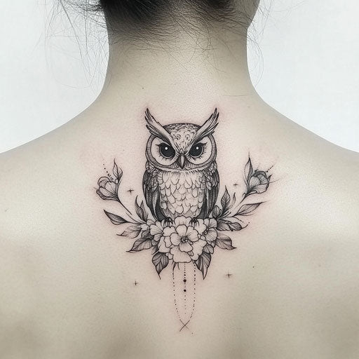 Tattoo sketch of owl on neck in beautiful clipart style