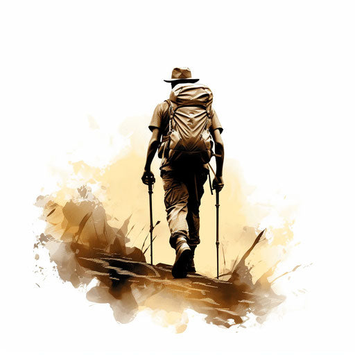 Hiking in the style of Chiaroscuro Art, on white background