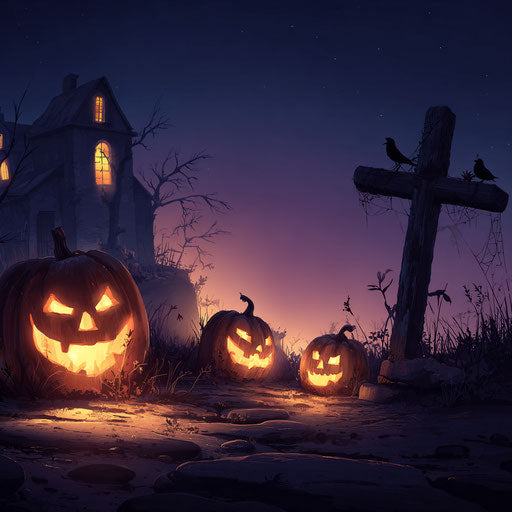 Mysterious scene with three glowing jack-o'-lanterns
