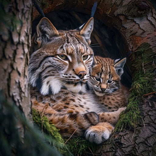 Intimate moment between a lynx and its offspring nestled in a forest nook