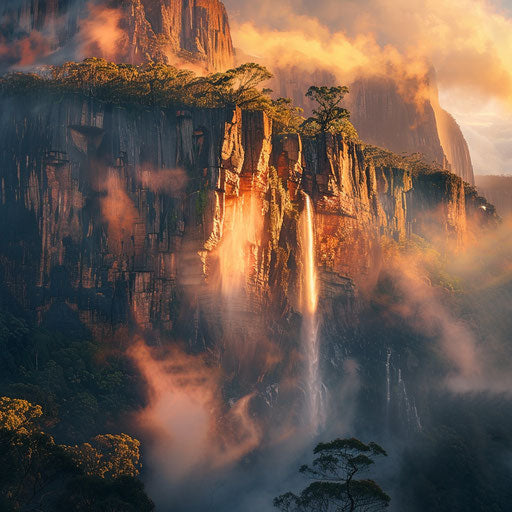 Angel Falls with stunning mist and sunset glow