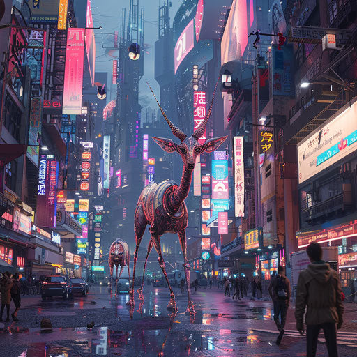 Cyberpunk city with robotic gazelles companions humans