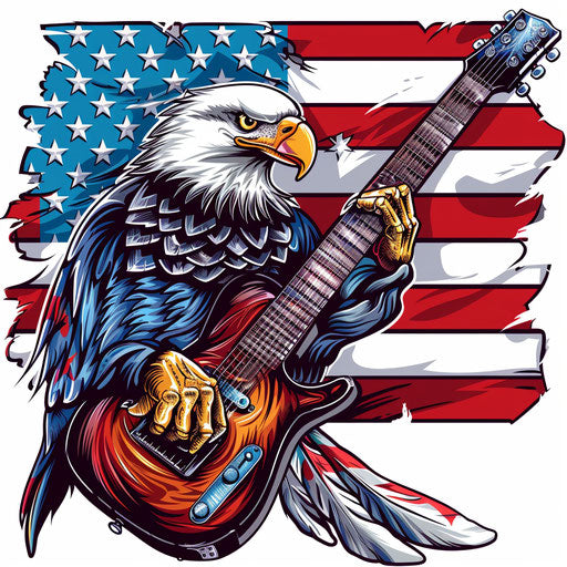 Eagle holding guitar with American flag, clipart style