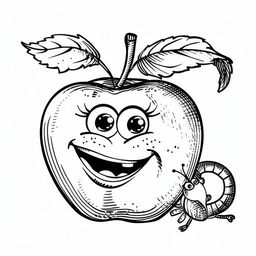 An easy-to-color apple with a smiling worm. Coloring book page