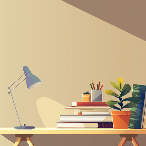 Study clipart in photo realistic style with a flat random background, minimalist design and subtle shading