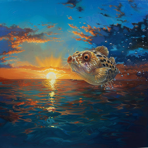 Puffer fish swimming gracefully in the ocean at sunset