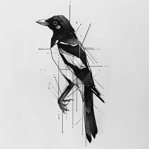 Simple and clean flat tattoo sketch of a magpie silhouette with geometric elements