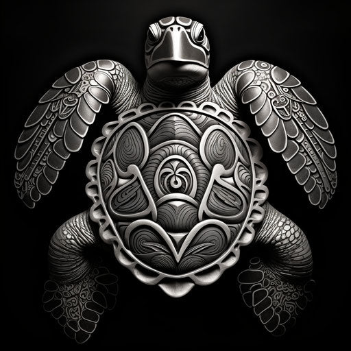 Polynesian turtle tattoo art & designs, in the style of monochrome canvases