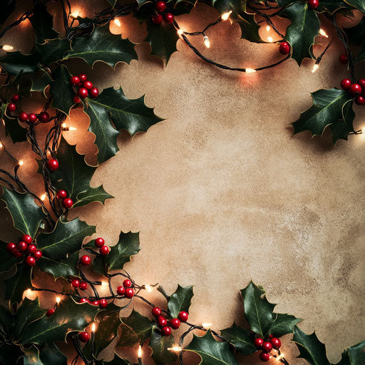 Festive Christmas border with holly berries and twinkling fairy lights