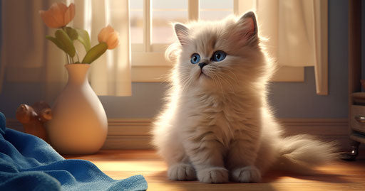 Captivating gaze of a kitten in a teddy bear, light beige and blue