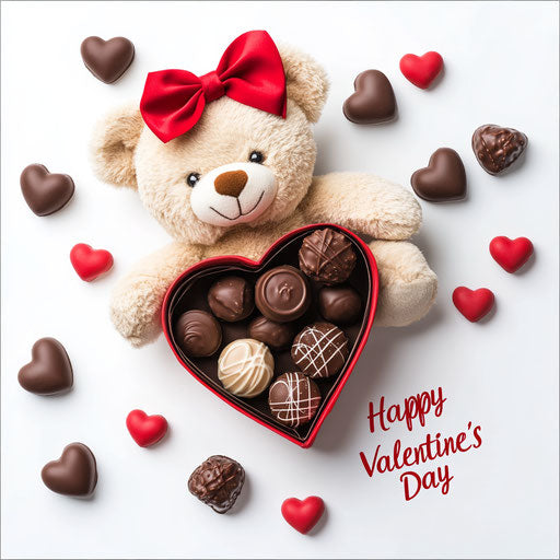 Cute teddy bear and heart-shaped box of chocolates