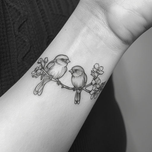 Sketch of a tattoo of a couple of lovebirds on a branch with cherry blossoms for wrist coverup tattoo for women
