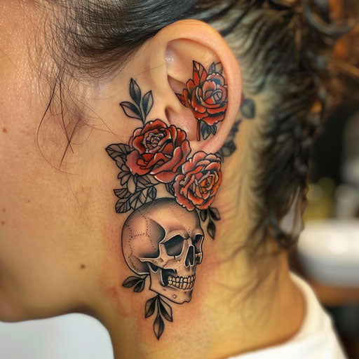Ear tattoos in Ed Hardy style with skulls and flowers