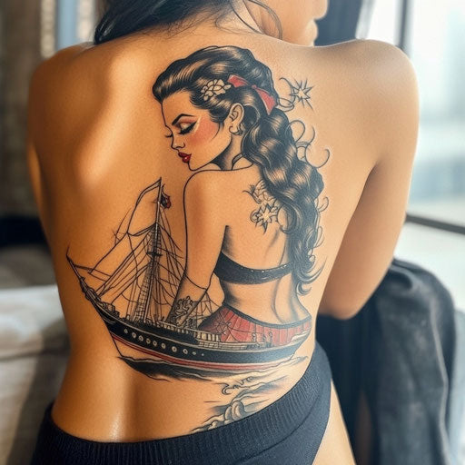 Female back tattoo in the style of Sailor Jerry with vintage pin-up girl leaning on a ship